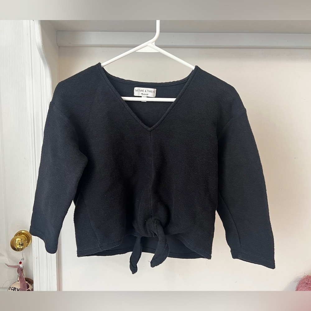 FINAL PRICE Madewell Textured Tie-Front Top Black V Neck 3/4 Sleeve - Picture 2 of 5